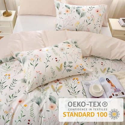 MUXHOMO Duvet Cover Queen Size, Reversible Floral Vintage Duvet Cover Set with Zipper Closure, 3 Pieces Botanical Patterns Soft Microfiber Bedding Set (90"x90", 2 Pillow Cases, Garden Leaves Beige)