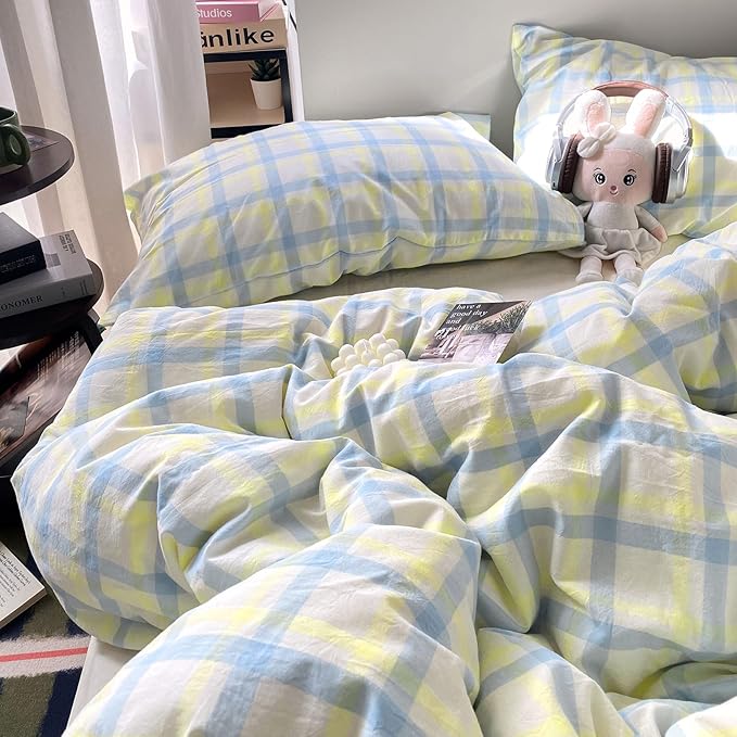 EAVD Buffalo Plaid Duvet Cover King Soft Washed Cotton Bedding Set Yellow Blue Grid Checkered Bedding Set with 2 Pillowcases Vintage Style Gingham Duvet Cover with Zipper Closure