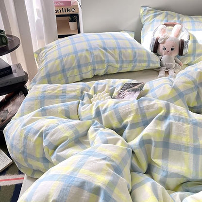 EAVD Buffalo Plaid Duvet Cover Queen Soft Washed Cotton Bedding Set Yellow Blue Grid Checkered Bedding Set with 2 Pillowcases Vintage Style Gingham Duvet Cover with Zipper Closure