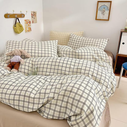 Vintage Grey Plaid Duvet Cover Queen 100% Cotton Muslin Gingham Duvet Cover Grey Green Plaid Checkered Grid Bedding Set Breathable Linen Like Gauze Comforter Cover Farmhouse Gingham Bedding Set