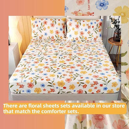 SDIII Reindeer and Floral Comforter Set Twin 3 Pieces, Soft Microfiber Vintage Floral Comforter Twin Size, Yellow Flower Bedding All Season