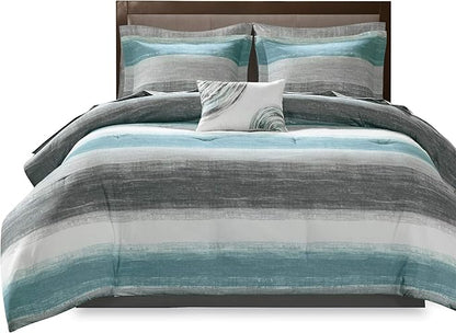 Madison Park Essentials King Comforter Set, Bed in a Bag King, Watercolor Print Coastal Comforter & Chambray Cotton Sheet Set, All Season Bedding Set, Saben, Aqua King (104 in x 92 in) 9 Piece