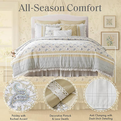 Madison Park Dawn 100% Cotton Shabby Chic Comforter Set-Modern Cottage Design All Season Down Alternative Bedding, Matching Shams, Bedskirt, Decorative Pillows, Queen(90"x90"),, Yellow 9 Piece