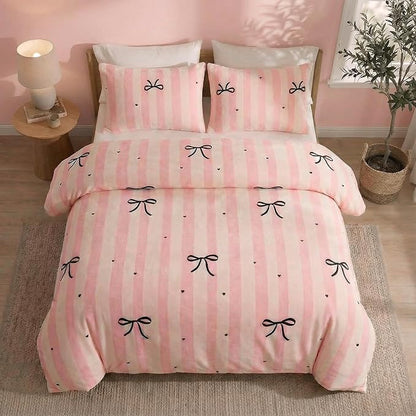 Bedbay Pink Striped Fleece Comforter Set Queen Size Girls Bow Comforter Soft Warm Fleece Velvet Bedding Set Pink Stripes Cute Bow Tie Pattern Fluffy Queen Bed Set 3 Pcs for Boys Girls Teen
