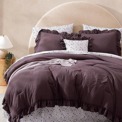 California King Comforter Set - 7 Pieces Ruffle Dark Purple Bedding Sets, Shabby Chic Farmhouse Bed in a Bag with Ruffle Comforter, Floral Sheets, Pillowcases & Shams