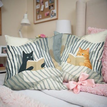 Funny Cat Reader Book Throw Pillow Cover 18 x 18 Set of 2, Gifts for Book Lovers, Reading Nook Corner Decor, Preppy Floral Black Orange Tabby Tuxedo Cats Bookish Pillowcase（03）