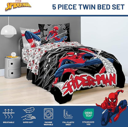 Jay Franco Kids Comforter Set Includes Sheets and Pillow Covers - Soft and Cozy Bed Set for Stylish Room Decor, Black - Spiderman, 5 Piece Twin Bedding