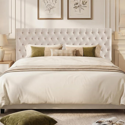 Upholstered Queen Headboard Only, Premium Linen Button Tufted Headboards, Adjustable Solid Wood Head Board, Padded Headboard with Solid Wood Legs in Bedroom (Beige)