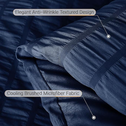 MUXHOMO 7 Pieces Queen Comforter Set, Seersucker Bed in a Bag Queen Size, All Season Luxury Bedding Set with Comforter, Flat Sheet, Fitted Sheet, Pillowcases & Shams, Navy Blue