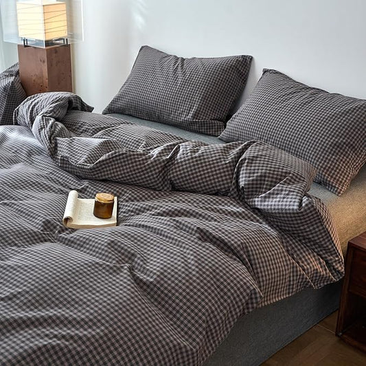 EAVD Vintage Style Dark Grey Plaid Duvet Cover King 100% Washed Cotton Like Linen Feel Soft Red Grid Gingham Bedding Set with 2 Pillowcases Reversible Retro Dark Grey Gingham Duvet Cover with Zipper