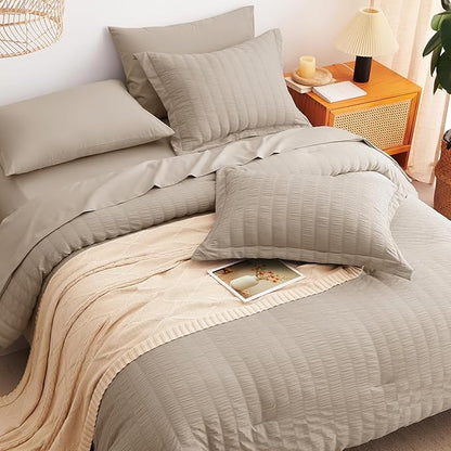 CozyLux King Size Comforter Set Khaki Seersucker 7 Pieces Bed in a Bag King Comforter Set with Sheets, Luxury Soft Bedding Sets with Down Alternative Comforter, Sheets, Pillowcases & Shams All Seasons