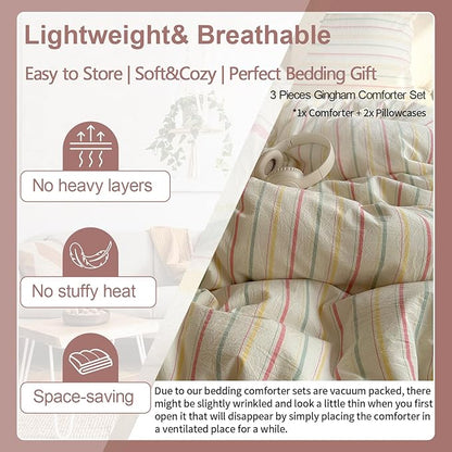 EAVD Vintage Colorful Striped Comforter Set King Soft Cotton 3-Piece Retro Vertical Striped Bedding Set with 2 Pillowcases Boho Geometric Comforter Set for All-Season(Pink&Yellow&Blue, King)