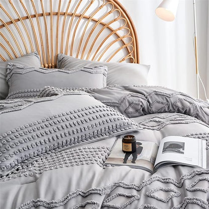 KAKIJUMN Grey Tufted Comforter Set Full Size 7 Piece Bed in a Bag, Shabby Chic Boho Comforter and Sheet Set, Pom Pom Textured Bed Set, All Season Soft Microfiber Complete Bedding Set(Grey,Full)