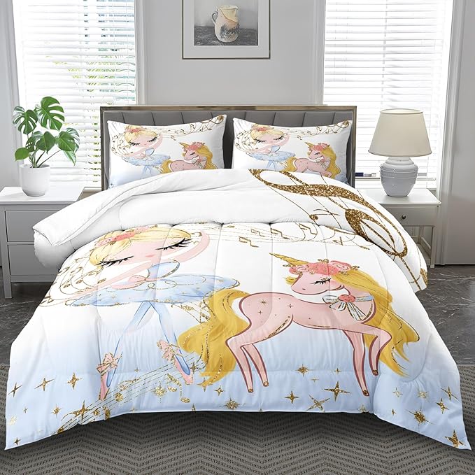Golden Unicorn Girls Comforter Set King Kawaii Unicorn Bedding Set KingCute Horse Comforter Girls Bedroom Decor White Animal Print Bedding Bed Decor Animal Print Quilt