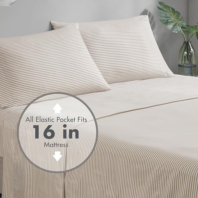 Madison Park Essentials King Comforter Set, Bed in A Bag Comforter & Sheet Set, Modern Casual Stripes Print, All Seasons, Soft Microfiber Bedding Makeover, Matching Shams, Cal King Taupe/Grey 7 Piece