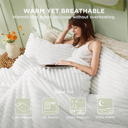 Bedsure Twin/Twin XL Size Comforter - GentleSoft™ 2 Pieces Double-Side Fleece Fluffy Bright White Comforter Set, Cozy Striped Room Decor Aesthetic Luxury Twin Bedding Sets, 1 Pillowcase, 68x88 Inches
