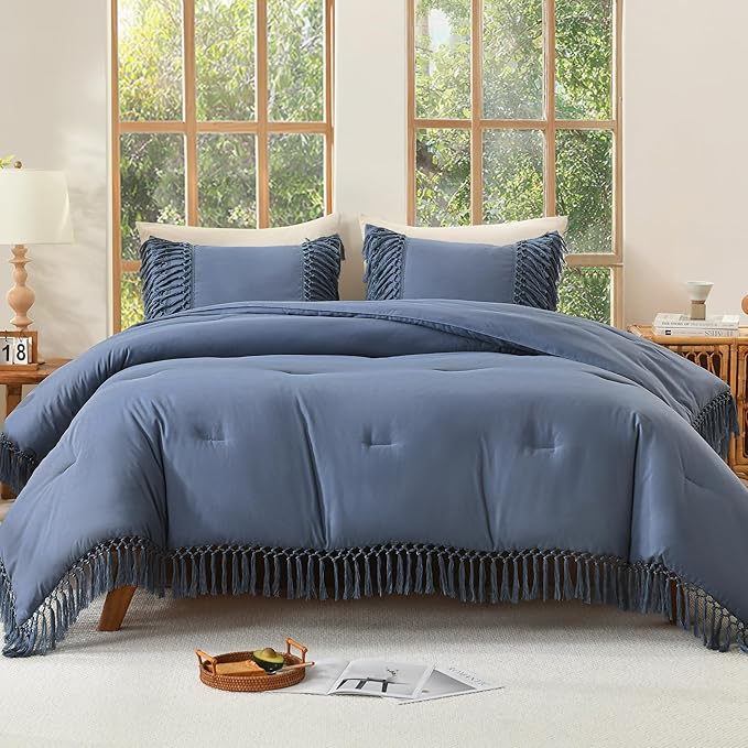 Andency Queen Comforter Set Bluish Grey, 3 Pieces Boho Lightweight Fall Bedding Comforter Sets, Tassel Bed Set (90x90In Comforter & 2 Pillowcases)