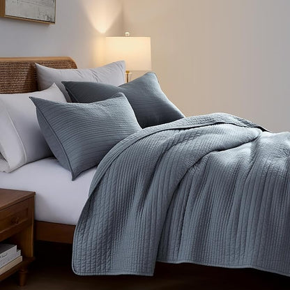 palassio Striped Blue Grey 100% Cotton Quilt Twin Size Bedding Sets, Lightweight Crinkly Channel Pick Stitch Textured Bedspread Soft Shabby Chic Farmhouse Country Coverlet for All Season, 1 Sham