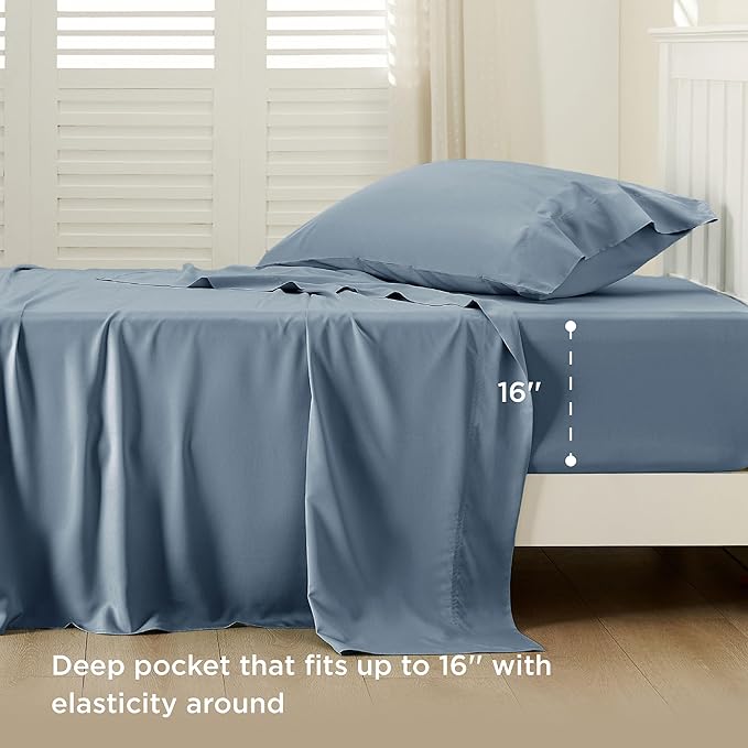 Bedsure Cooling Sheets Twin XL, Rayon Derived from Bamboo, PureWoven, Breathable & Soft Twin XL Sheet Sets, Deep Pocket Up to 16 Inches, Hotel Luxury Silky Dorm Bedding for Hot Sleepers, Dusty Blue
