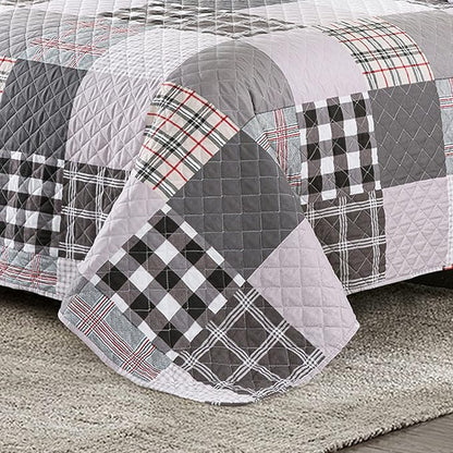 Travan Quilt Set 3-Piece Oversized Quilted Bedspread Coverlet Set Grey European British Grid Patchwork Bedding Set, King Size