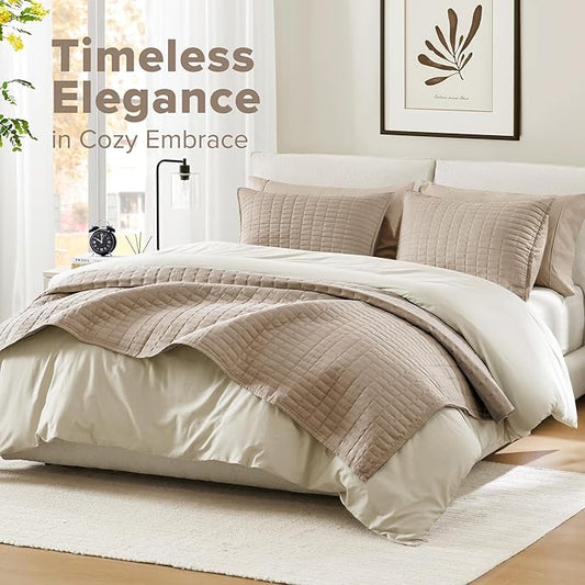 Comfort Spaces Kienna Quilt Set- Double Sided Stitching Design Summer Blanket, Lightweight, Soft, All Season Bedding Layer, Matching Sham, Taupe, Coverlet Full/Queen(90"x90") 3 Piece