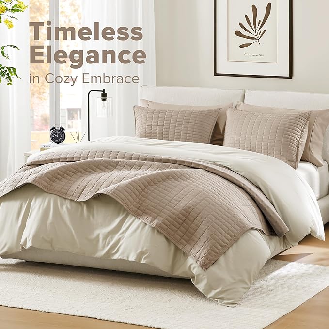Comfort Spaces Kienna Quilt Set- Double Sided Stitching Design Summer Blanket, Lightweight, Soft, All Season Bedding Layer, Matching Sham, Taupe, Coverlet King (104"x90") 3 Piece
