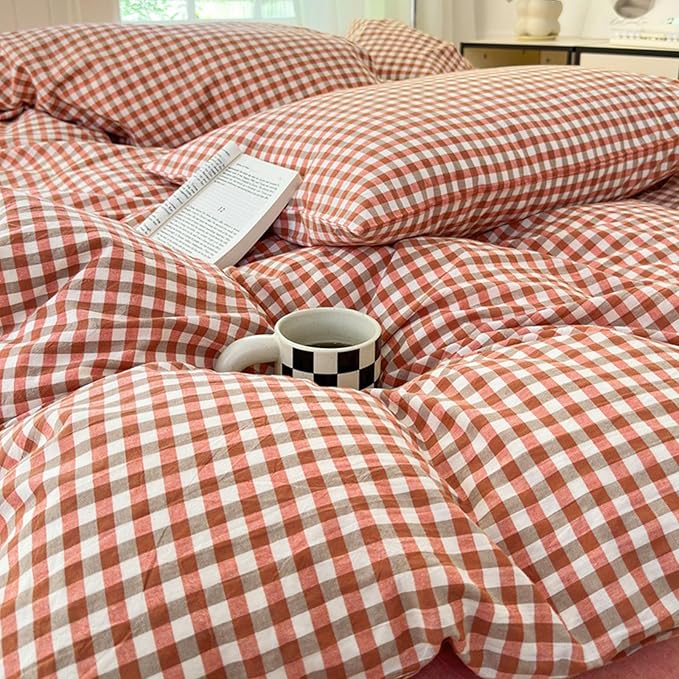 LifeTB Twin XL Comforter Set Red Orange Gingham Comforter with 2 Pillowcases Modern Style Grid Plaid Comforter Set Fluffy Soft Lightweight Gingham Bedding Set Fluffy Checkered Comforter Twin XL