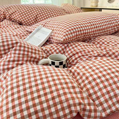 LifeTB Twin XL Comforter Set Red Orange Gingham Comforter with 2 Pillowcases Modern Style Grid Plaid Comforter Set Fluffy Soft Lightweight Gingham Bedding Set Fluffy Checkered Comforter Twin XL