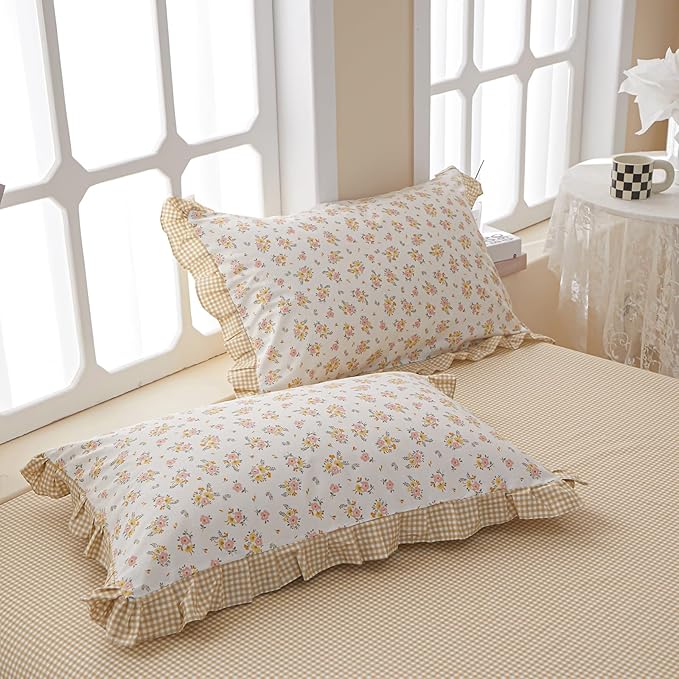 HighBuy Twin XL Comforter Set Lace Ruffle Bedding Comforter Fluffy Coquette Floral Bedding Set 3 Piece Princess Yellow Floral Comforters with 2 Lace Ruffles Pillowcases Cozy Soft