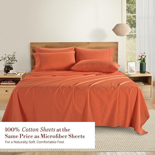 Casa Platino 100% Cotton Sheets Full – Breathable Crisp Percale Full Mattress Sheets with 4 Pillowcases, 15" Deep Pocket Fitted Sheet, Ultra Soft & Cozy Feel for Great Nights Sleep – Rust