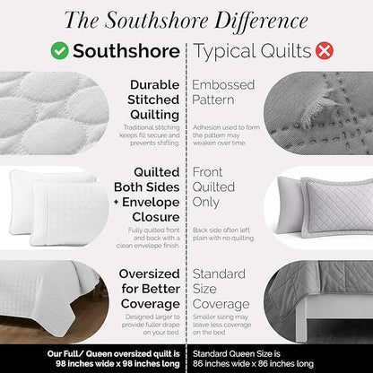 Southshore Fine Living, Inc. White Quilts Queen Size Set, Lightweight Summer Bedspread with 2 Quilted Pillow Shams, Cozy, Soft Circle-Stitch Design, Queen Size/Full Size, White