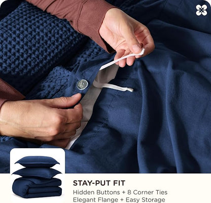 Bedsure Cotton Duvet Cover Set - 100% Cotton Waffle Weave Navy Duvet Cover Oversized King Size, GentleSoft™ and Breathable Bedding Set for All Season, 3 Pieces, 120"x98"