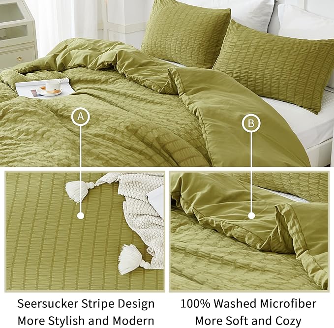 AveLom Olive Green Seersucker King Comforter Set - 104x90, 2 Pillowcases 20x36