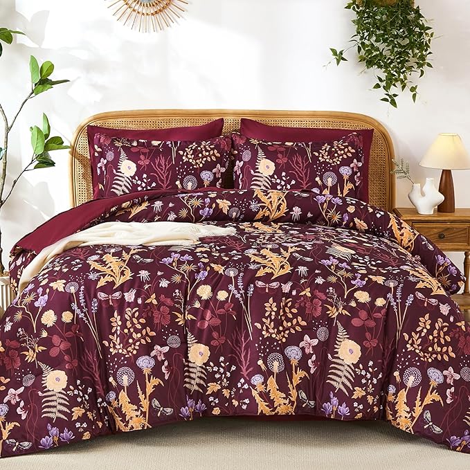Yiran Queen Comforter Set 7 Piece, Burgundy Floral Bedding Set, Bed in a Bag Queen Size with Botanical Flowers Spring, Soft Lightweight Dark Red Comforters with Sheets Complete for All Season