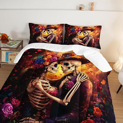 Skull Printed Comforter Set Full Size,Skeleton Couple Embrace Bedding Romantic Flower Comforter Set for Kids Girls Room Decor,Artistic Aesthetics Bedding Set with 2 Pillowcases.