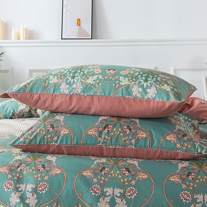 FADFAY Duvet Cover Set Floral Bedding Button Closure Twin 100% Cotton 600 TC Shabby Vintage Reversible Blue Orange Comforter Cover Ultra Soft Breathable Luxury Boho Bedding Set 3Pcs