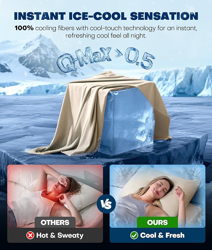 Ultra-Chill Cooling Pillowcase Set of 2 for Hot Sleepers, Softer Than Silk Pillow Cases for Protecting Hair & Skin, Breathable Bed Pillow Covers w/Zipper, Gifts for Women Men(Beige, Standard)