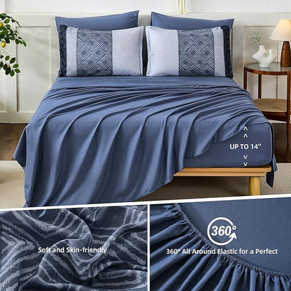 Dinjoy Boho Queen Comforter Set Mineral Blue,7 Piece Bed in a Bag Queen Size Warm Striped Fall Bedding Sets with Plaid Comforters with Sheets for Family All Season