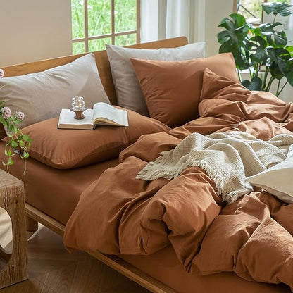 MooMee Bedding Duvet Cover Set 100% Washed Cotton Linen Like Textured Breathable Durable Soft Comfy (Solid Dark Orange, Oversized King Plus 128"x120")