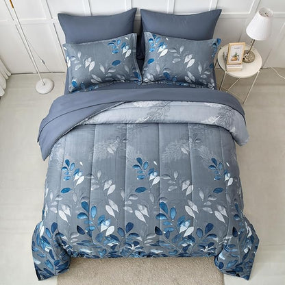 Blue Comforter Set Full Size 7 Piece Botanical Leaves Gradient Bed in a Bag Ultra Soft Microfiber Down Alternative Bedding Set Lightweight Reversible Bed Comforter Set for All Season 78" x 90"