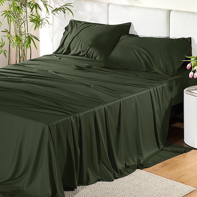 Bedsure Full Size Bed Sheets, Cooling Sheets, Rayon Derived from Bamboo, PureWoven, Breathable & Soft, Deep Pocket Up to 16 Inches, Hotel Luxury Silky Bedding for Hot Sleepers, Olive Green