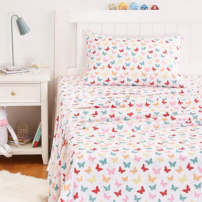 Amazon Basics Kid's Soft Easy-Wash Microfiber 3-Piece Sheet Set, Twin, Multi-Color Butterflies, Butterfly Friends, Printed