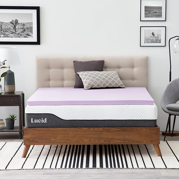 Lucid 2 Inch Lavender Memory Foam Mattress Topper, Full Size – Essential Oil Infusion – Plush Feel, Pressure-Relieving Bed Topper – Ventilated and Breathable – CertiPur Certified