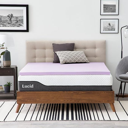 Lucid 2 Inch Lavender Memory Foam Mattress Topper, Full Size – Essential Oil Infusion – Plush Feel, Pressure-Relieving Bed Topper – Ventilated and Breathable – CertiPur Certified