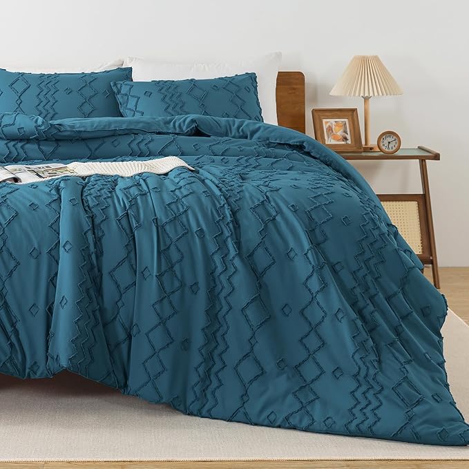 Andency Teal Tufted Comforter Set Queen(90x90Inch), 3 Pieces(1 Boho Comforter, 2 Pillowcases) Textured Farmhouse Bed, Soft Microfiber Down Alternative Geometric Bedding Set
