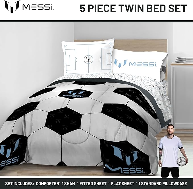 Jay Franco Kids Comforter Set Includes Sheets and Pillow Cover - Soft and Cozy Bed Set for Stylish Room Décor, White - Messi, 5 Piece Twin