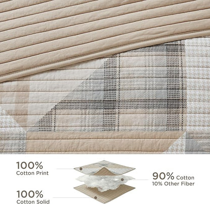 Woolrich Olsen Reversible Quilt Set - Cottage Styling Reversed to Solid Color, All Season Lightweight Coverlet, Cozy Bedding Layer, Matching Shams, Oversized King/Cal King Geometric Plaid Tan 3 Piece