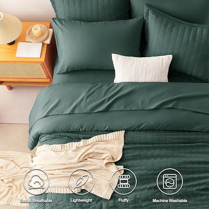 CozyLux Queen Comforter Set Forest Green Seersucker 7 Pieces Bed in a Bag Queen Comforter Set with Sheets, Luxury Bedding Sets with Down Alternative Comforter, Sheets, Pillowcases & Shams All Season