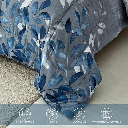 Blue Comforter Set Full Size 7 Piece Botanical Leaves Gradient Bed in a Bag Ultra Soft Microfiber Down Alternative Bedding Set Lightweight Reversible Bed Comforter Set for All Season 78" x 90"