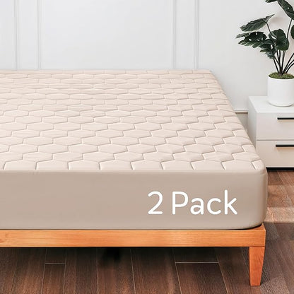 Hearth & Harbor 2 Pack Full Size Quilted Fitted Mattress Pad Cover, 100% Waterproof Mattress Protectors, Deep Pocket Fitted Mattress Cover 8" - 21" (54" x 75", Beige Cream)